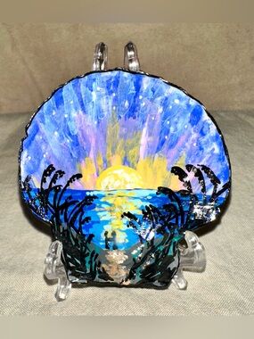 Handmade Sunset Ocean Seashell Coastal Art Display Piece